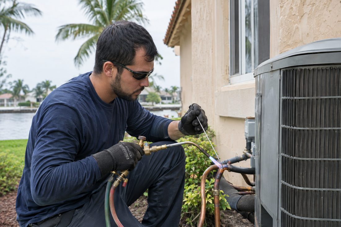 A technician brazing a refrigerant line set on an outdoor condenser at a Spanish-style stucco home in West Palm Beach, FL
