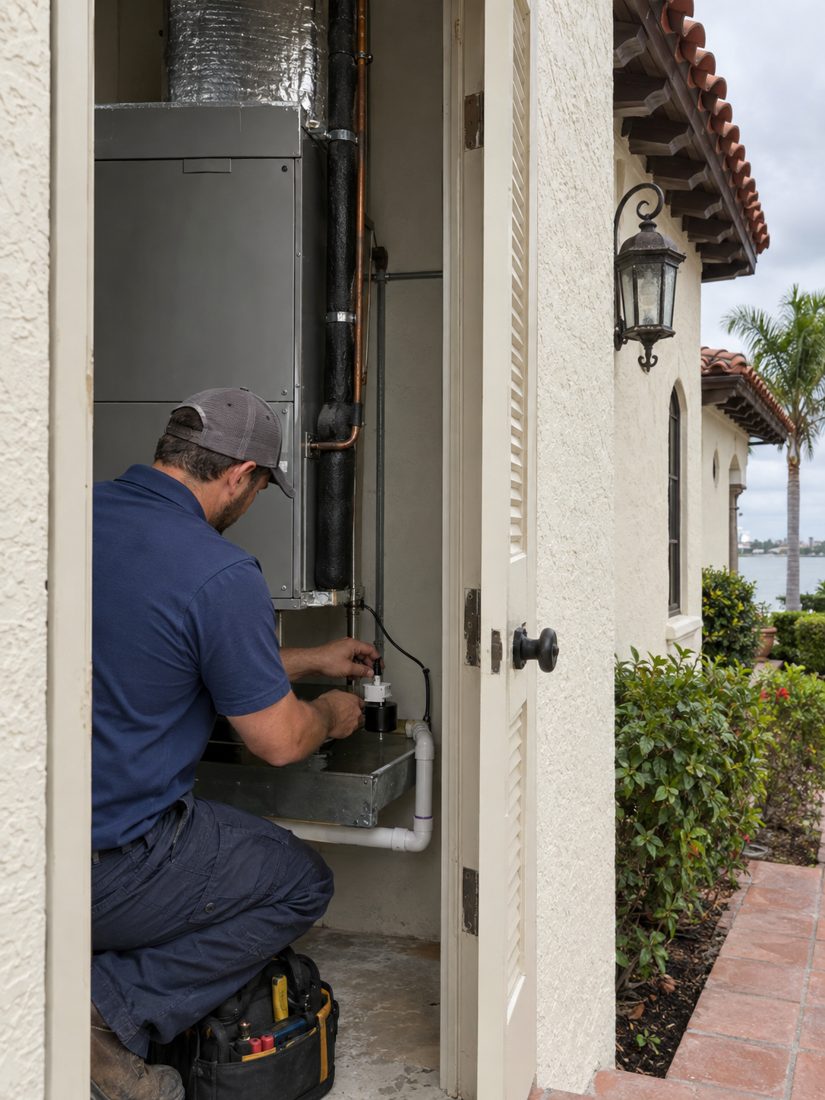 An air handler in a utility closet with a new float switch inside a historic Spanish-style house with a barrel-tile roof in El Cid, FL