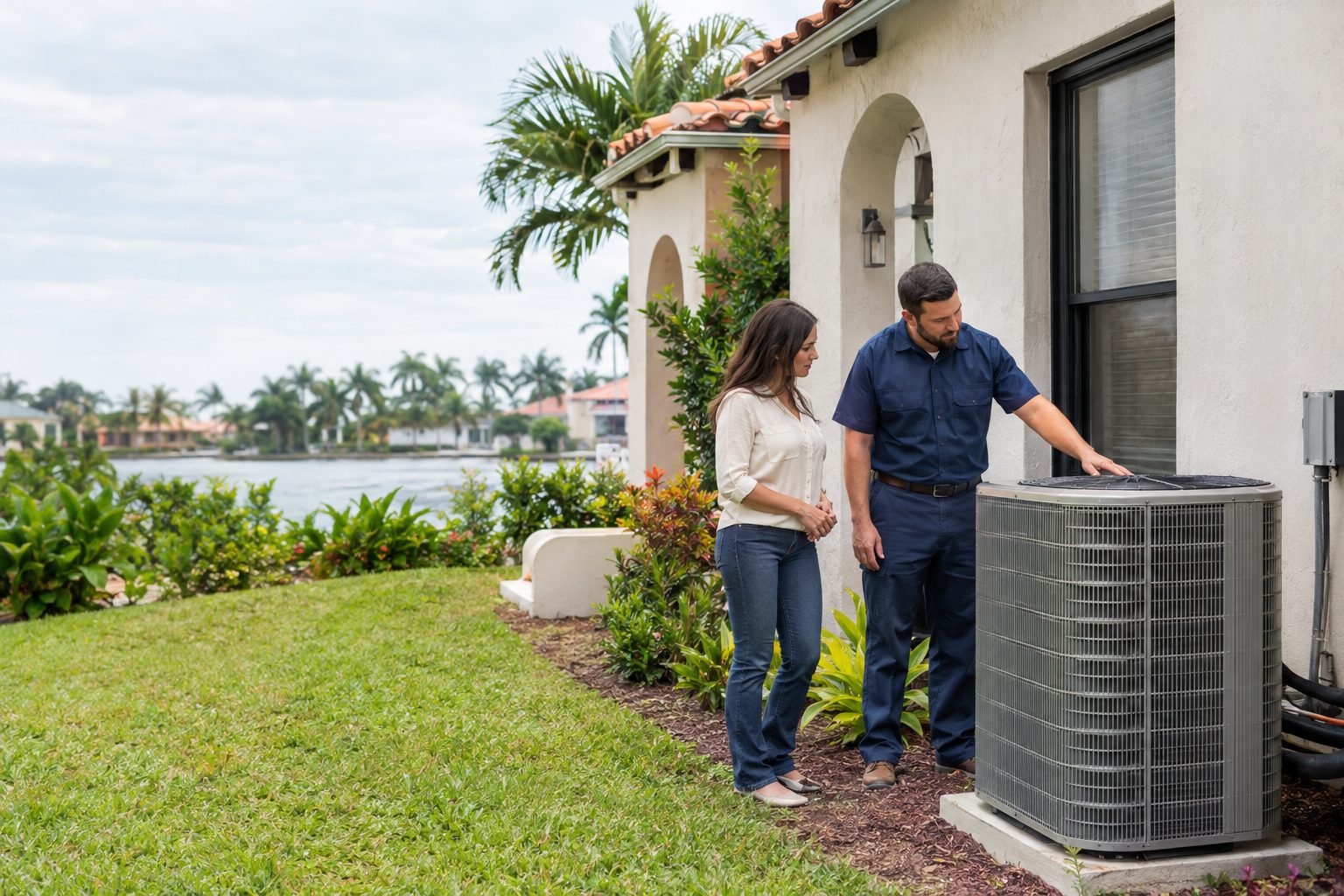 A technician and homeowner standing by a new outdoor AC unit, technician pointing at the unit at a Spanish-style stucco home in West Palm Beach, FL