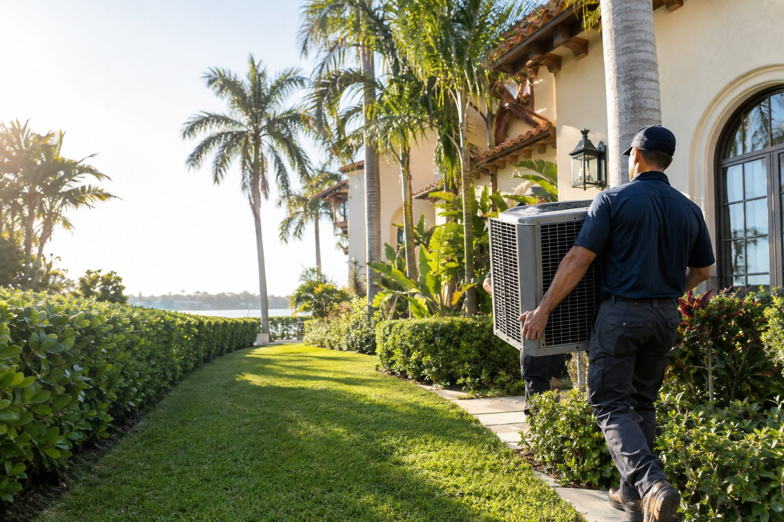 An HVAC technician carrying a new condenser across the side yard at an elegant Mediterranean Revival estate with clipped hedges in Palm Beach, FL